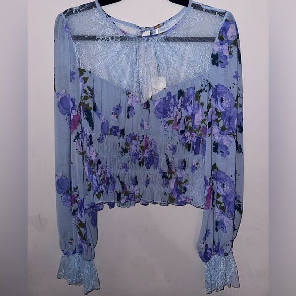 Free People | Daphne Blouse in Silver Blue Long Sleeve Lace Yoke & Cuff Size L - Picture 4 of 10